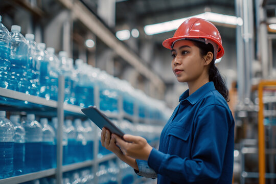Focused Asian female worker uses tablet to monitor quality control in bottled water manufacturing plant.

