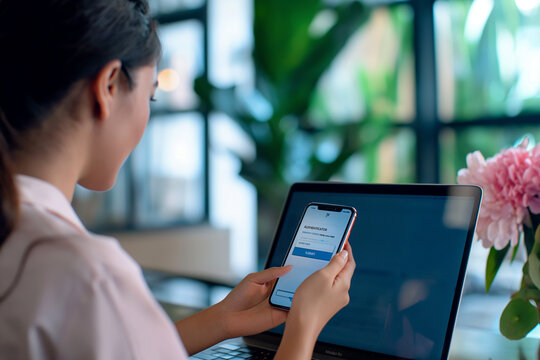 Woman using 2FA two-factor authentication to login to her laptop for advanced security and identity verification