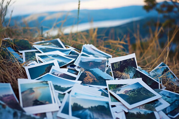 A heap of printed travel photographs strewn on the ground, echoing memories and the wanderlust spirit. - obrazy, fototapety, plakaty
