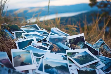 Fotobehang A heap of printed travel photographs strewn on the ground, echoing memories and the wanderlust spirit. © InputUX