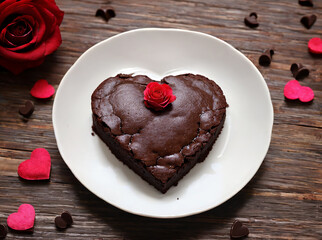 Chocolate brownie heart with Valentine roses and romantic candle. Valentine’s Day concept - love,...