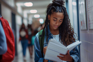 Young female student deeply engrossed in reading a textbook in a busy school hallway, signifying dedication to education.