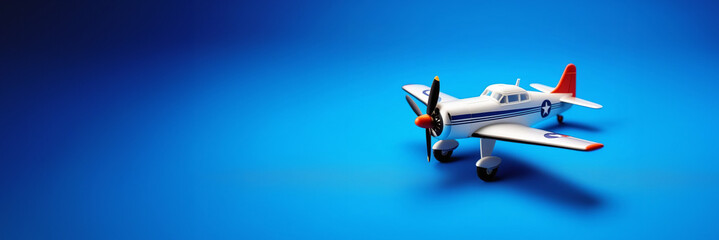 Model plane, airliner, airplane on blue background. travel and transportation concept. toy plane on...