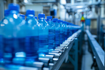 Uniform rows of water bottles convey mass production and the beverage industry's role in global consumption patterns