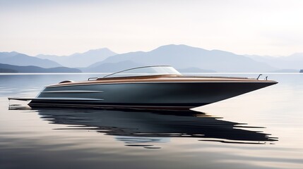 Fototapeta premium Elegant Riva Boat Gliding on Serene Lake - AI Generated