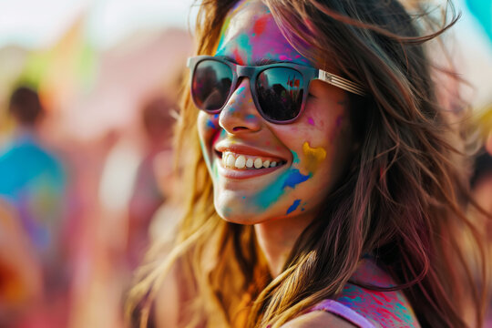 Happy young woman having fun in crowd at Holi festival of colors, summer party or music festival