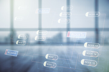 Abstract virtual coding concept on empty corporate office background. Multiexposure