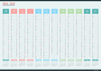2024 - 2025 mid year wall planner. Academic year. Organizer, yearly planner template.