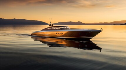 Elegant Riva Boat Gliding on Serene Lake - AI Generated - obrazy, fototapety, plakaty