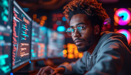 Obraz premium Black american man programmer working on computer, coding software. Blured light on background. Day programmer