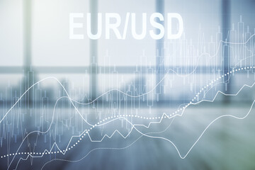 EURO USD financial graph illustration on modern interior background, forex and currency concept. Multiexposure