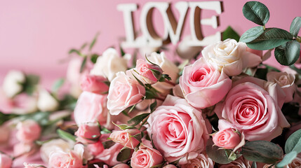 Word Love decorated with delicate roses on pink background. Valentine's Day concept