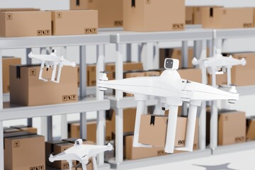 3D Robot Drones carry express packages in warehouses. Packages are transported in high-tech Settings,online shopping,Concept of automatic logistics and factory management. minimal cartoon.3d rendering
