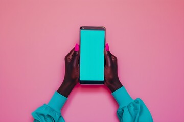 hands holding smartphone, pink colored space original, in the style of turquoise and black - obrazy, fototapety, plakaty
