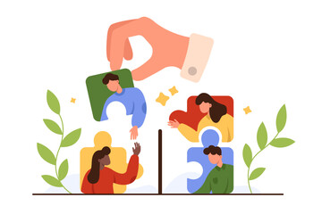 Qualified employees search for effective teamwork. Giant hand of employer or boss holding up puzzle piece with portrait of new employee to match with colleagues team cartoon vector illustration
