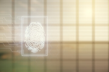Abstract virtual fingerprint illustration on modern interior background, personal biometric data...