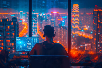 Young man in headphones working on computer during nighttime with cityscape in background