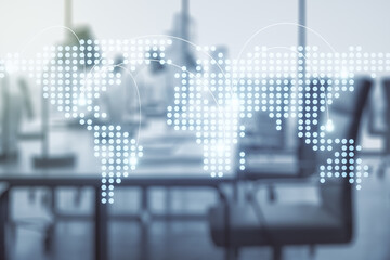 Abstract virtual world map with connections on a modern furnished office background, international trading concept. Multiexposure