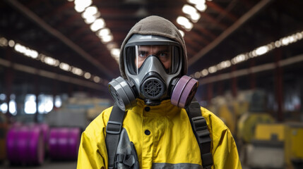 A worker clad in a yellow hazmat suit with a respirator mask stands prepared in an industrial setting..
