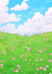 Summer Meadow with Flowers . Green grass and colorful flowers natural backdrop. Children's book illustration in cartoon style.