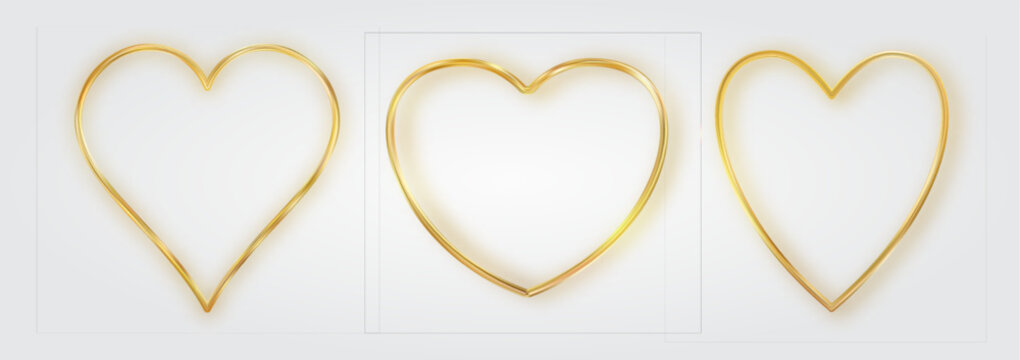 Thin gold heart frame set. Golden realistic heart border. Luxury symbol of love.
