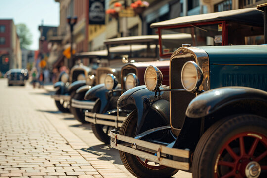a row of old cars parked on a brick sidewalk