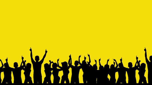 Silhouette of a Large Crowd of People Having Fun, Cheering, Clapping, Jumping and Celebrating at a Sporting Event, Concert, Festival, Party. Silhouette over yellow screen