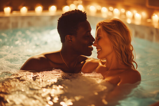 Happy young interracial couple in love in hot tub, spa wellness