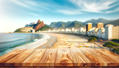 empty wooden table with beautifully Copacabana Beach,Brazil background