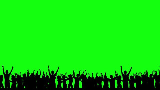 Silhouette of a Large Crowd of People Having Fun, Cheering, Clapping, Jumping and Celebrating at a Sporting Event, Concert, Festival, Party. Silhouette over green screen