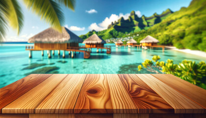 empty wooden table with beautifully Bora Bora, French Polynesia background - obrazy, fototapety, plakaty