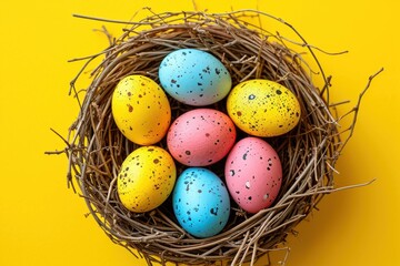 Obraz premium easter eggs in a nest on a yellow Background