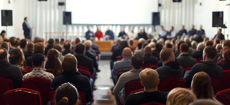 An audience attending a business conference, filling a large meeting room to listen to a talk. The scene depicts a crowd in a conference room, with many people engaged in listening to a speaker.