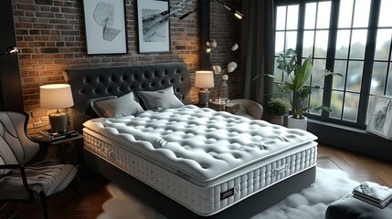 A mattress in a luxurious black bedroom. Generative AI.
