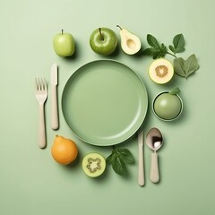 composition with a green plate surrounded by fresh fruit and cutlery on a plain light green background. Concept: healthy eating, vegetarian diet and cooking
