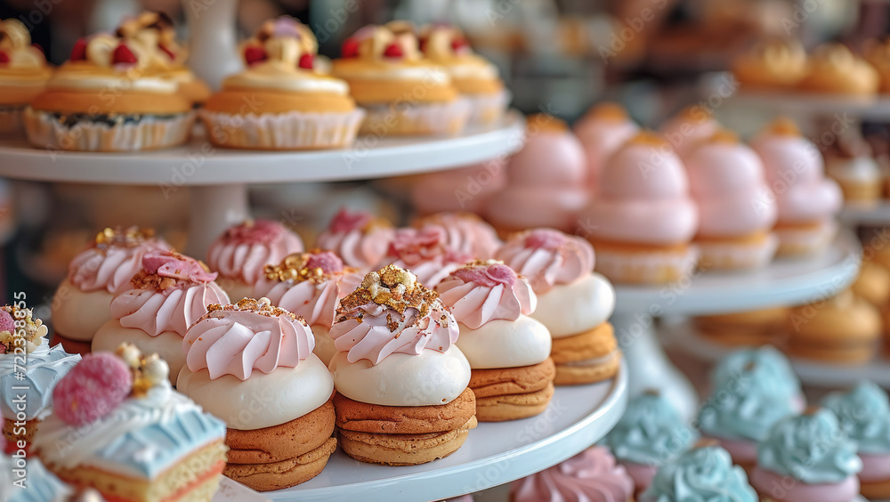 Poster A showcase with delicious cookies and cakes, bright and beautiful. Generative AI.