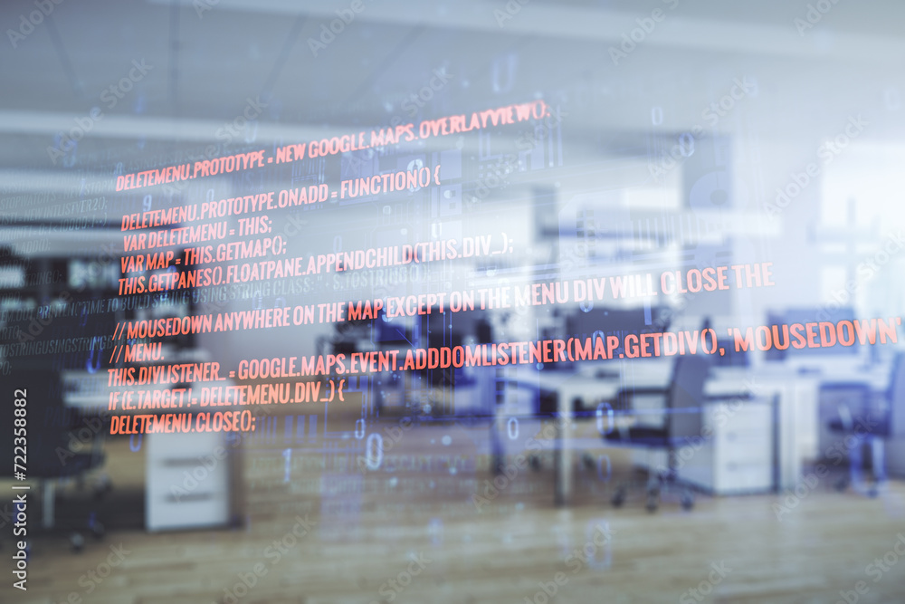 Poster double exposure of abstract creative programming illustration on a modern furnished office interior 