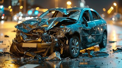 Nighttime Car Accident Scene on Urban Road - obrazy, fototapety, plakaty