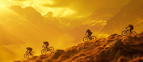 Silhouettes of mountain bikers conquer rugged trails against a dramatic golden hour in the majestic mountains, embodying adventure