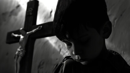 Ein kleiner Junge schaut traurig und bedrückt, im Hintergrund ein kirchliches Kreuz. - obrazy, fototapety, plakaty
