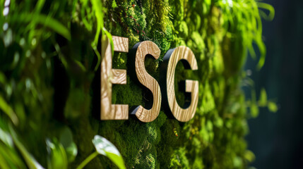 Die Buchstaben ESG aus Holz mit Naturhintergrund. Stehend für Environmental, Social and Governance- ein Regelwerk zur Bewertung für nachhaltige, ethische Praxis in Unternehmen. - obrazy, fototapety, plakaty