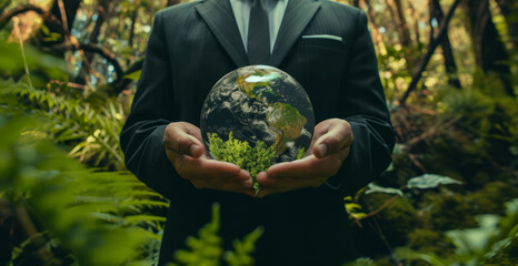 Ein Geschäftsmann steht in der Natur und hält eine Weltkugel in den Händen. Bezug: ESG - Environmental, Social and Governance, Regelwerk zur Bewertung für nachhaltige, ethische Praxis in Unternehmen. - obrazy, fototapety, plakaty