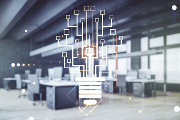 Double exposure of virtual creative light bulb hologram with chip on modern corporate office...