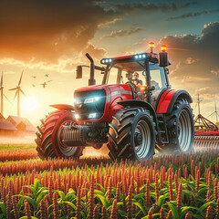 a red tractor is driving through a field, a stock photo shutterstock contest winner, precisionism, stock photo, stockphoto, playstation 5 screenshot