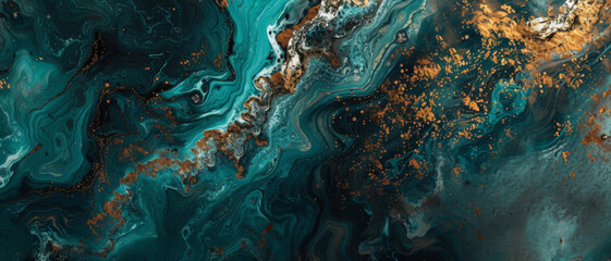 Whirls of teal and gold create an abstract marbled masterpiece, a fluid dance of color and texture evoking Earth's natural artistry