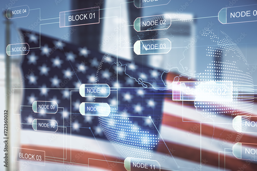 Poster multi exposure of abstract software development hologram and world map on usa flag and blurry skyscr