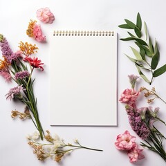 Blank notebook with flowers isolated on white background, Minimal styled flat lay with peony flower with petals and blank notebook