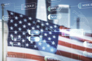 Multi exposure of abstract software development hologram and world map on USA flag and blurry...