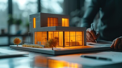 Architect Reviewing a Miniature Modern House Model in the Office at Dusk