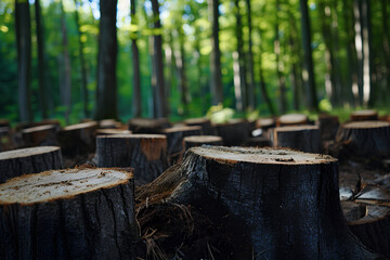 Obraz premium Numerous tree stumps in a summer forest, indicative of deforestation and forest degradation.